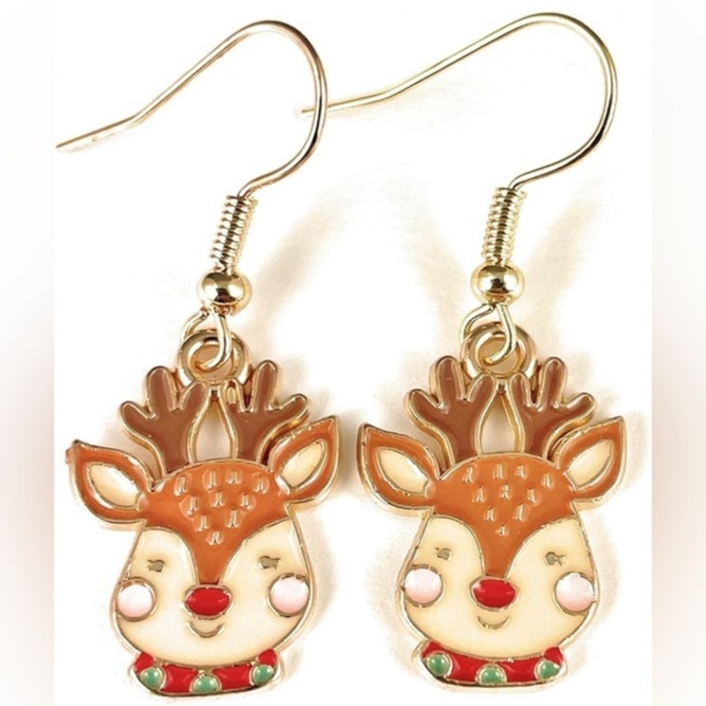 NWT - Adorable Gold Colored Rudolf the Reindeer Metal Dangle Earrings Set